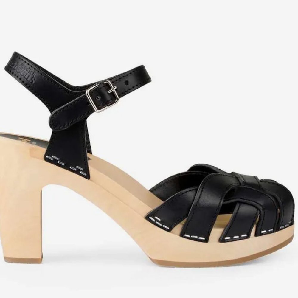 Swedish Hasbeens Pearl Sky High Black Clogs * LIKE NEW * Sz 37/7